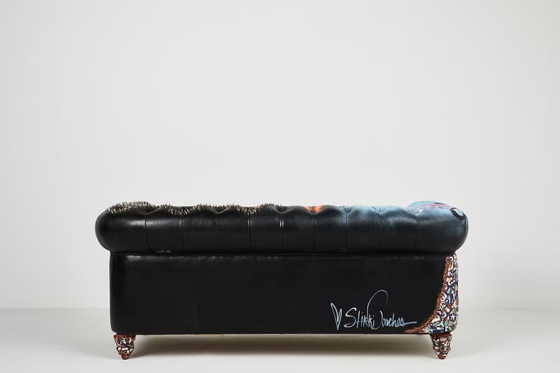 Bois & Cuir Store Stikki Peaches x CDI Furniture 'Ceci N’est Pas Un Divan' Collection Canadian Graffiti Artists Artwork Covered Sofa Four Distressed Vintage Chesterfield Divans Artworks Release Information