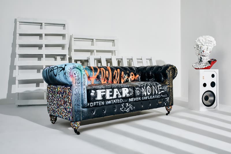 Bois & Cuir Store Stikki Peaches x CDI Furniture 'Ceci N’est Pas Un Divan' Collection Canadian Graffiti Artists Artwork Covered Sofa Four Distressed Vintage Chesterfield Divans Artworks Release Information