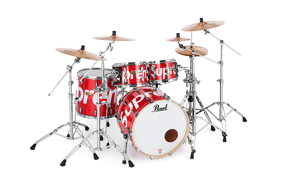 Supreme x Pearl Drum Kit Releasing Price $3,998 USD collaborations musical instruments drum set tom toms bass drum cymbals hi hat