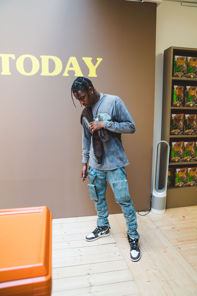 Travis Scott at His Reese's Puffs Paris Pop-Up cereal merch cactus jack