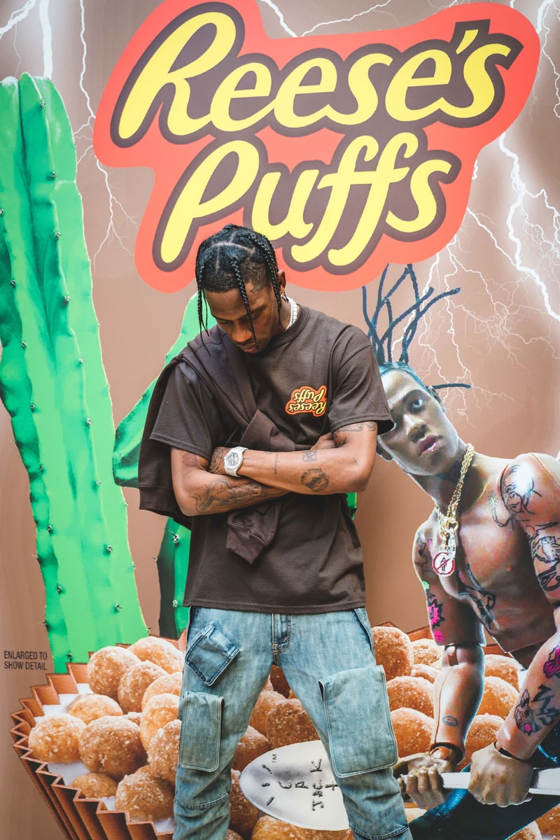 Travis Scott at His Reese's Puffs Paris Pop-Up cereal merch cactus jack