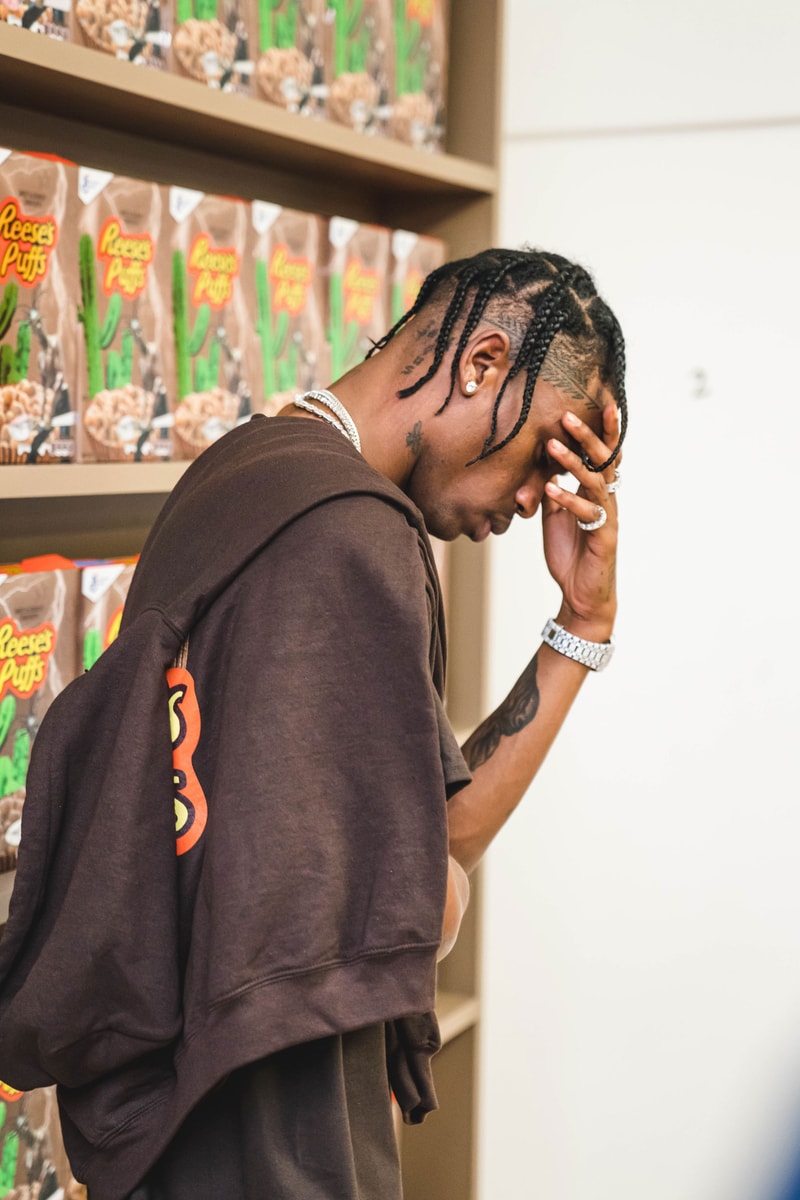 Travis Scott at His Reese's Puffs Paris Pop-Up cereal merch cactus jack