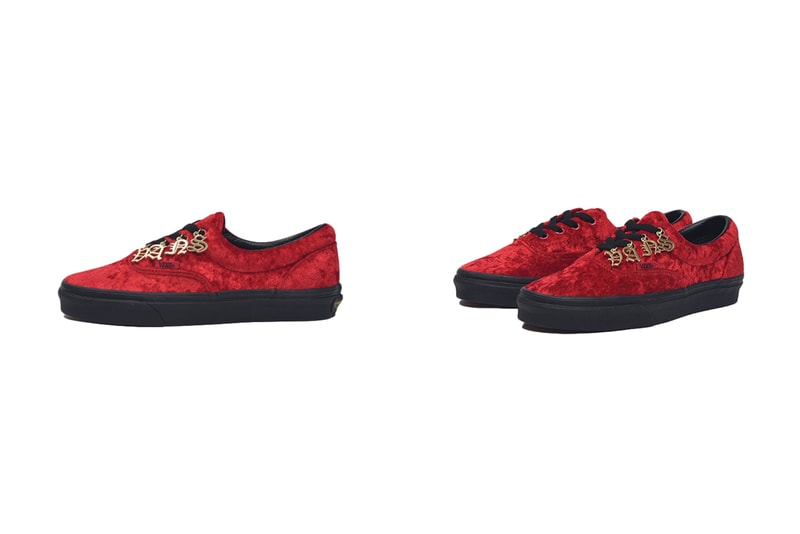 Vans Era Olde English Black & Red Velvet suede waffle sole brand tag gold letters