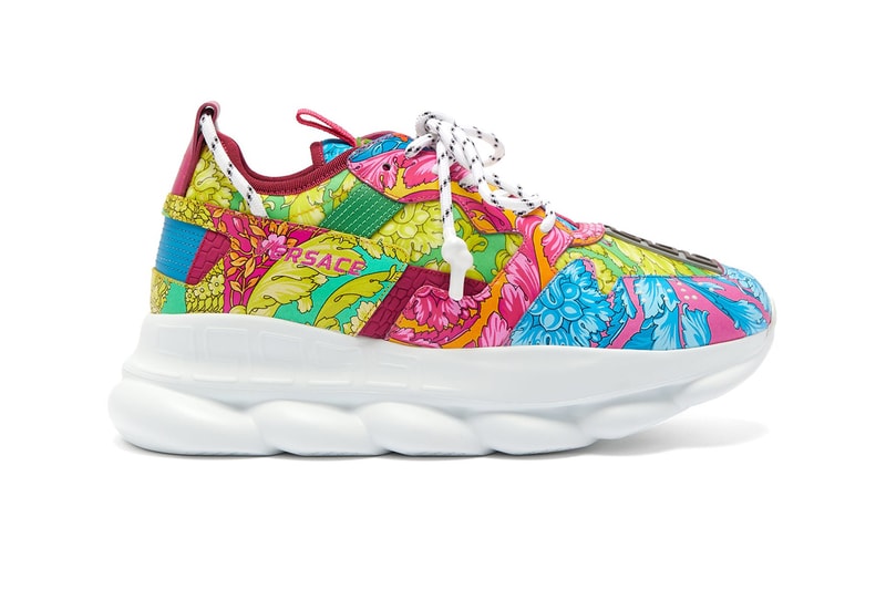 Versace Chain Reaction Baroque Print Sneaker Release Information Cop Online Matchesfashion.com $1048 USD Chunky High End Fashion Shoes Signature Motif Rubber Greca Panel 