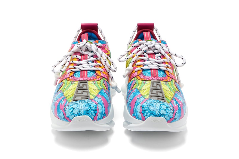 Versace Chain Reaction Baroque Print Sneaker Release Information Cop Online Matchesfashion.com $1048 USD Chunky High End Fashion Shoes Signature Motif Rubber Greca Panel 