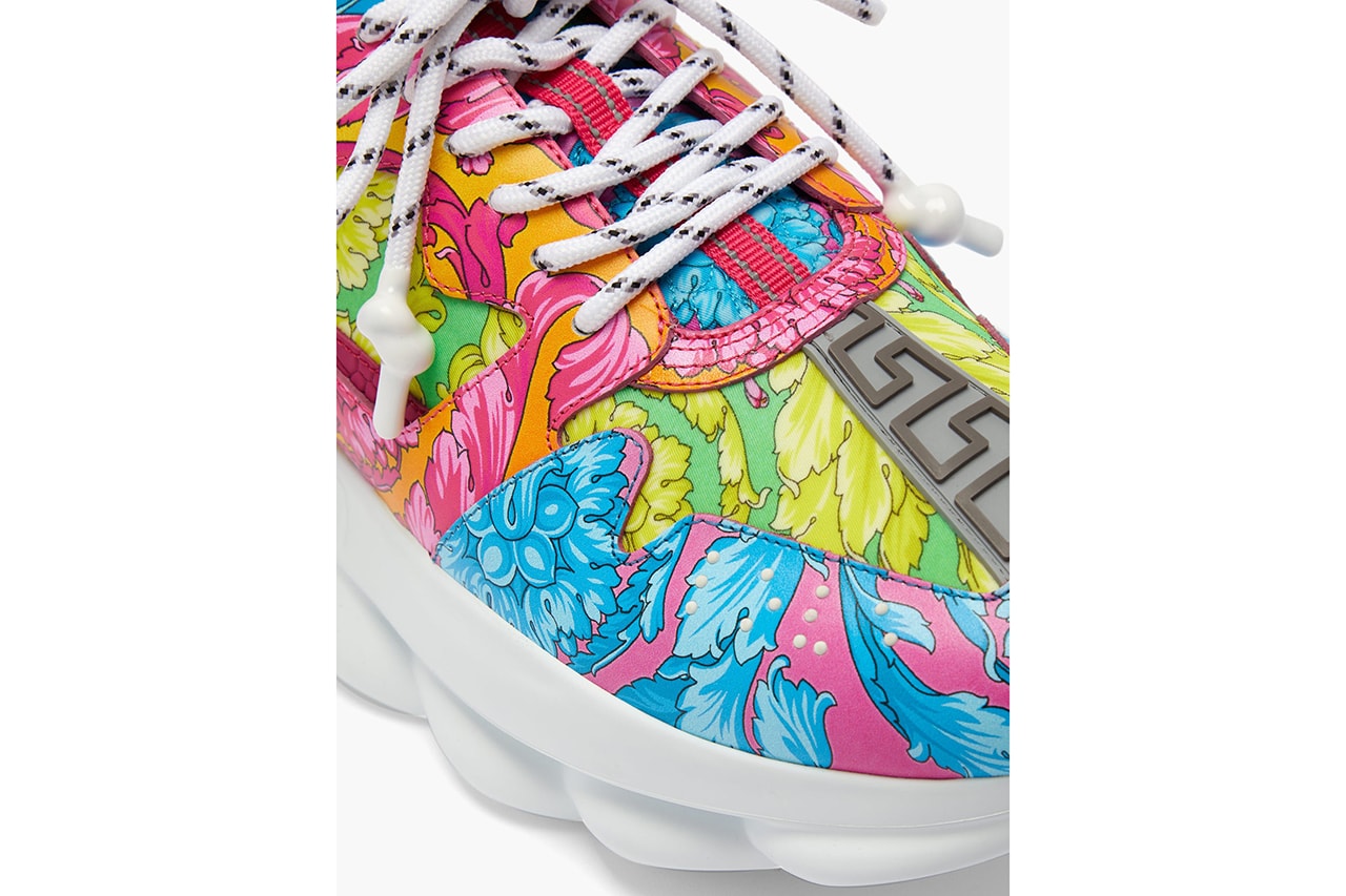 Versace Chain Reaction Baroque Print Sneaker Release Information Cop Online Matchesfashion.com $1048 USD Chunky High End Fashion Shoes Signature Motif Rubber Greca Panel 