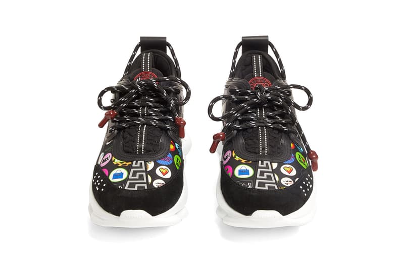 Versace Chain Reaction Neoprene Slogan Printed Chunky Trainers Sneakers Black Braille Motif Greca Pattern Love Twitter Buttons Pop Art Graphics Cop Online Buy Now Where to Purchase Release Information 