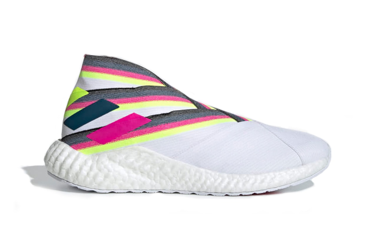 adidas Nemeziz 19+ Sneaker Release Information BOOST Technology Sole Unit Football Inspired Silhouette Sports Tension Tape Upper Cloud White Shock Pink Solar Yellow Continental Rubber 