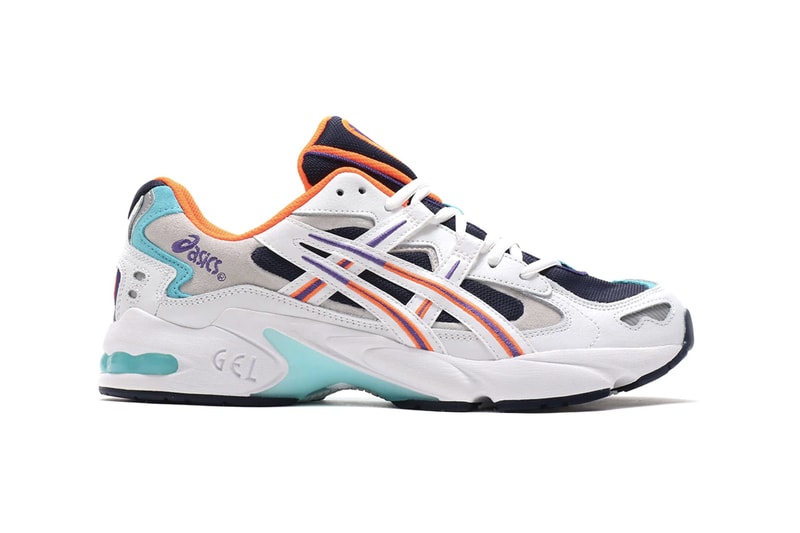 Asics GEL KAYANO 5 OG Midnight White duomax midsole 1999 silhouette orange purple teal side stripe tiger cushion logo 