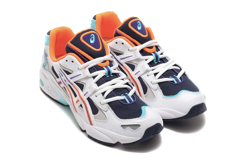 Asics GEL KAYANO 5 OG Midnight White duomax midsole 1999 silhouette orange purple teal side stripe tiger cushion logo 