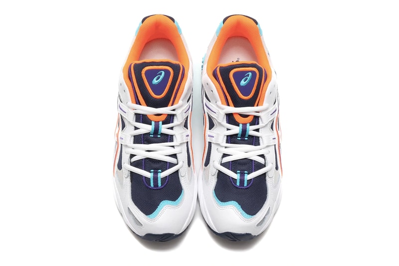 Asics GEL KAYANO 5 OG Midnight White duomax midsole 1999 silhouette orange purple teal side stripe tiger cushion logo 