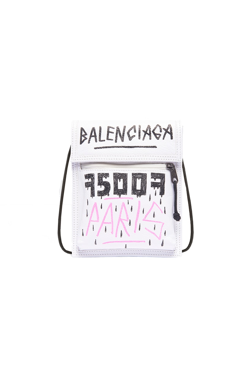 Balenciaga Explorer Pouch Leather Neck Bag Strap Graffiti All Over Print Red Black Branding Embossed Semi Shiny Palladium Hardware Arena Lambskin Made in Italy