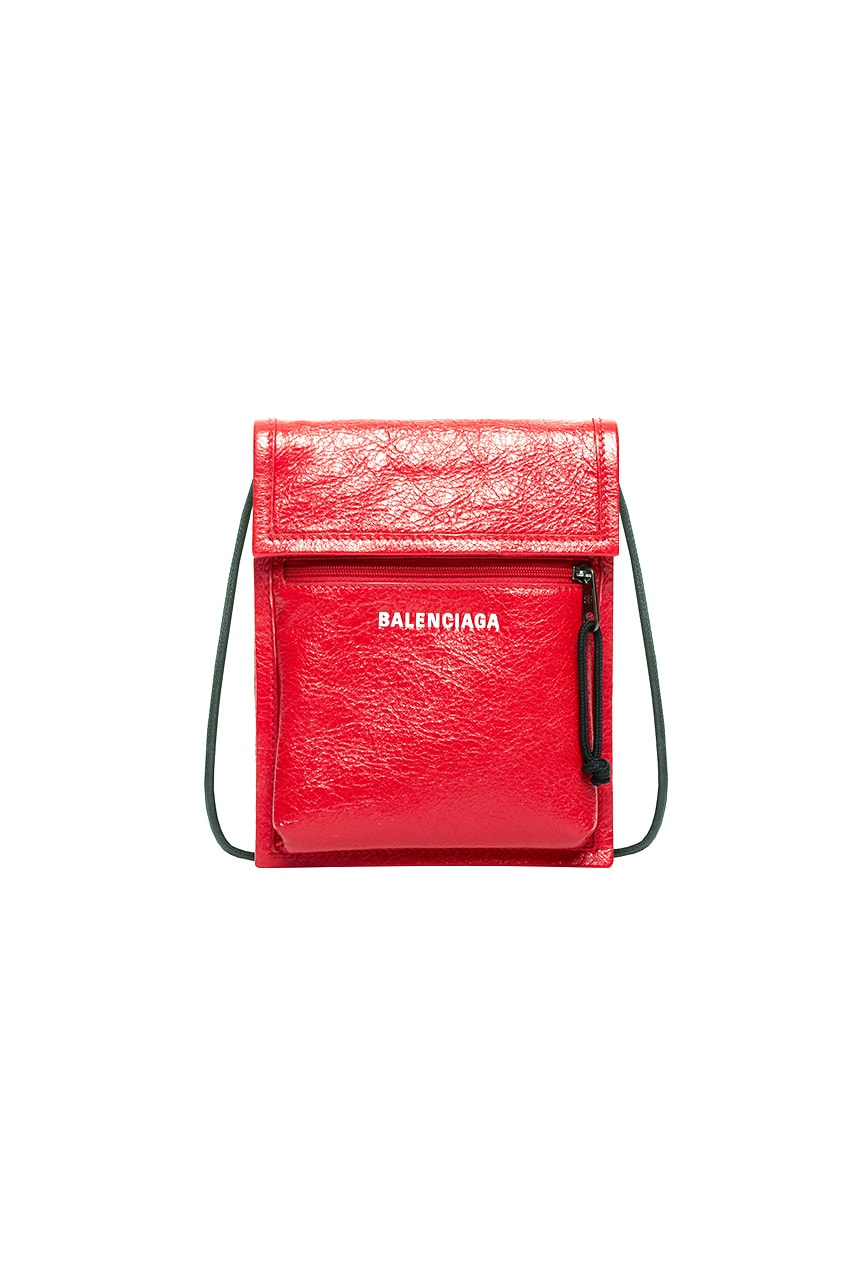 Balenciaga Explorer Pouch Leather Neck Bag Strap Graffiti All Over Print Red Black Branding Embossed Semi Shiny Palladium Hardware Arena Lambskin Made in Italy