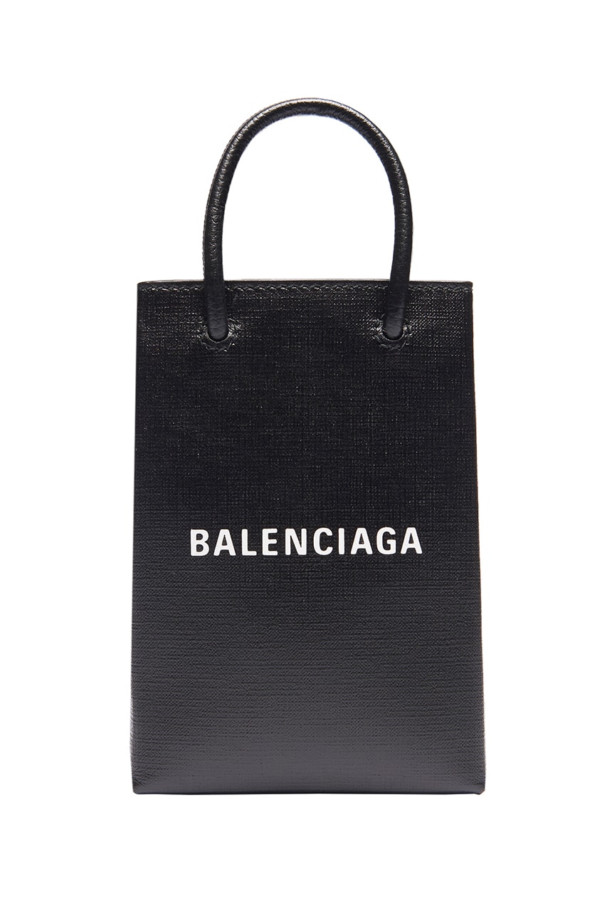 Balenciaga Phone Holder Bag Smartphone iPhone Carrying Case Grey Black White Branding Embossed Logo Pouch Strap Calfskin Handles Magnetic Closure 