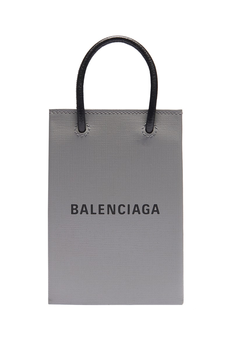 Balenciaga Phone Holder Bag Smartphone iPhone Carrying Case Grey Black White Branding Embossed Logo Pouch Strap Calfskin Handles Magnetic Closure 
