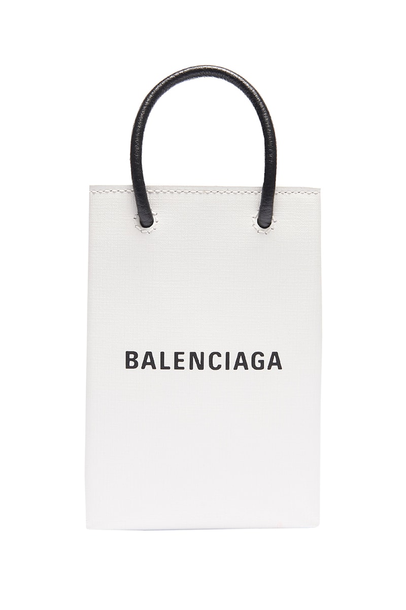 Balenciaga Phone Holder Bag Smartphone iPhone Carrying Case Grey Black White Branding Embossed Logo Pouch Strap Calfskin Handles Magnetic Closure 