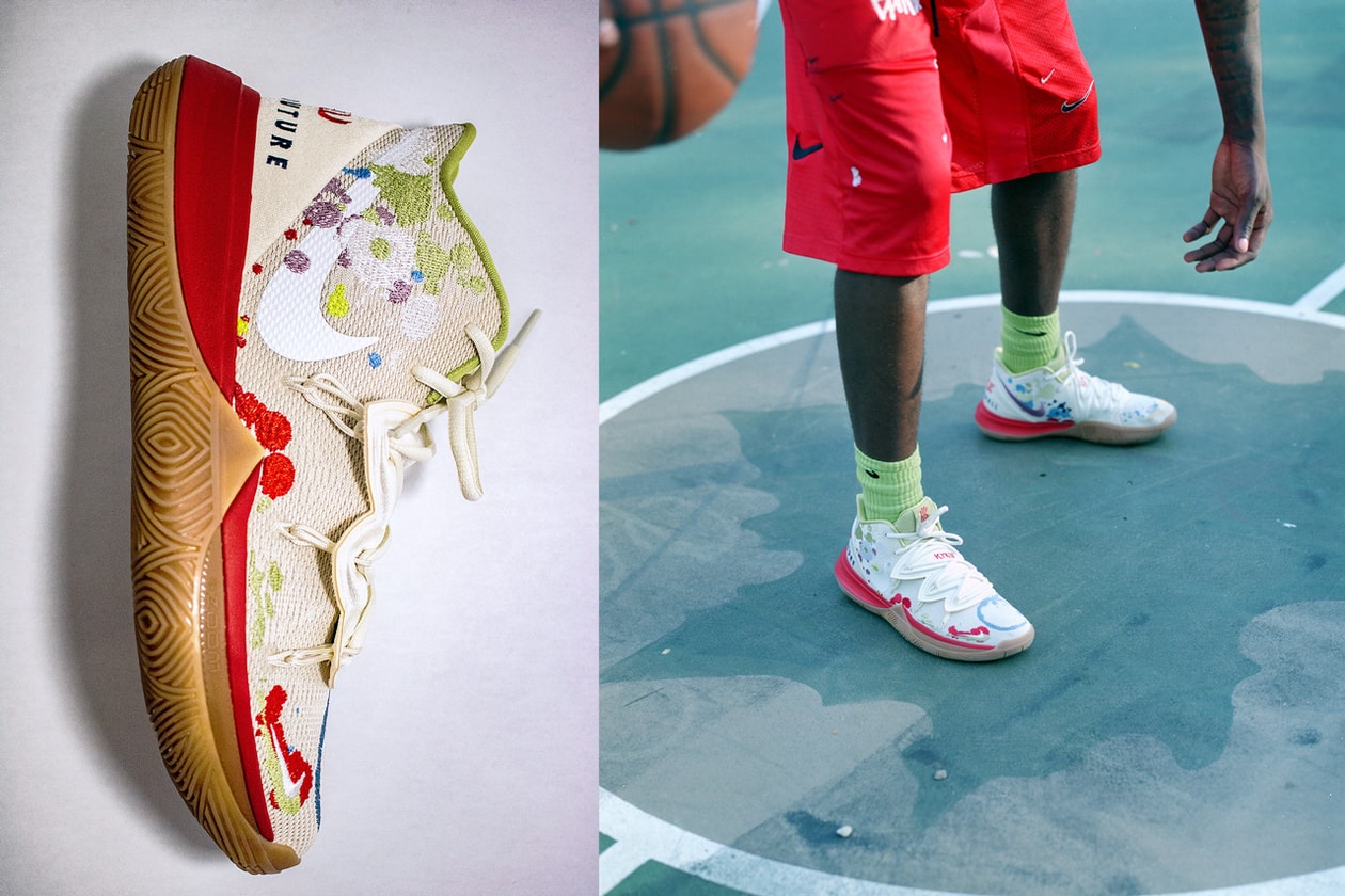 Bandulu Street Couture Nike Kyrie Irving 5 PE Light Ivory Dark Orchid Pat Peltier Artist Paint Splatter Drip Neoprene cushion basketball dripping ring splash 