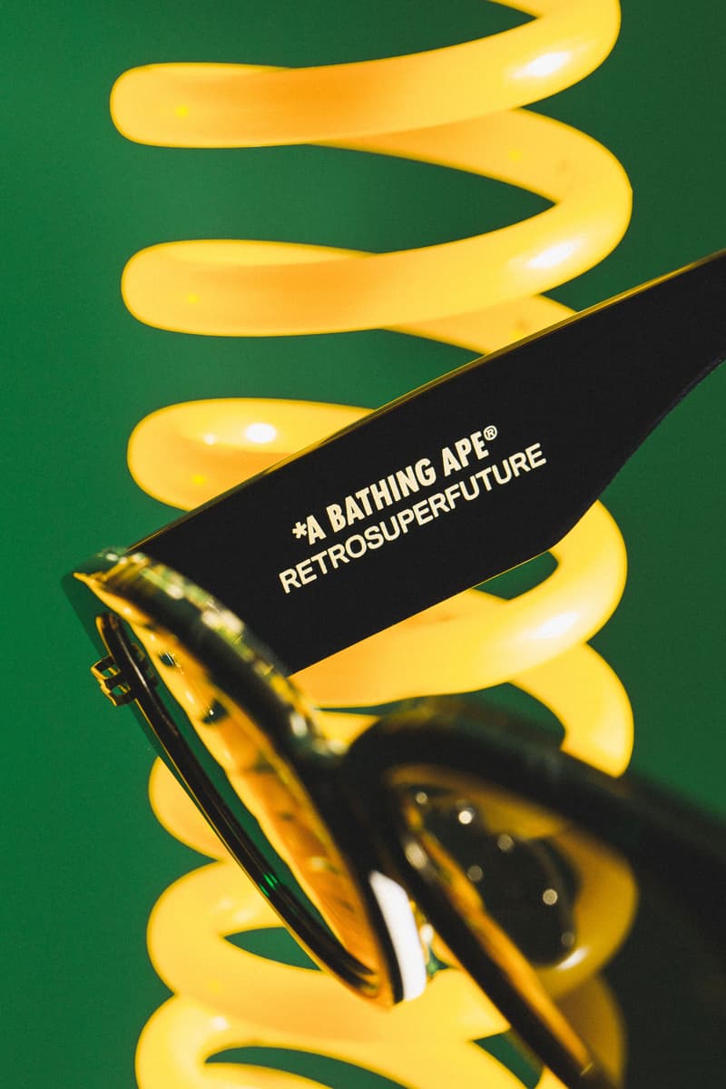 BAPE x RETROSUPERFUTURE 2019 Sunglasses Capsule shades 1st camo ape heads sunnies SUPER by RETROSUPERFUTURE Flat Top Drew Mama black acetate green gold details