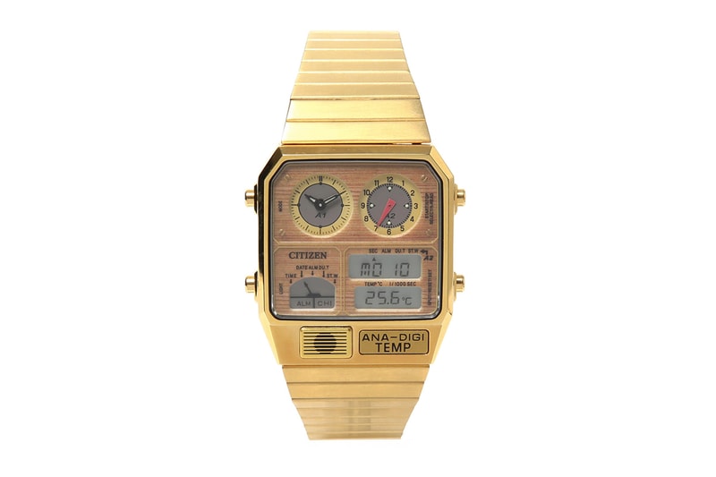 BEAMS Citizen ANA DIGI TEMP Watch dual time thermostat time zone analog digital woodgrain camouflage 1982 technology measure heat black gold 