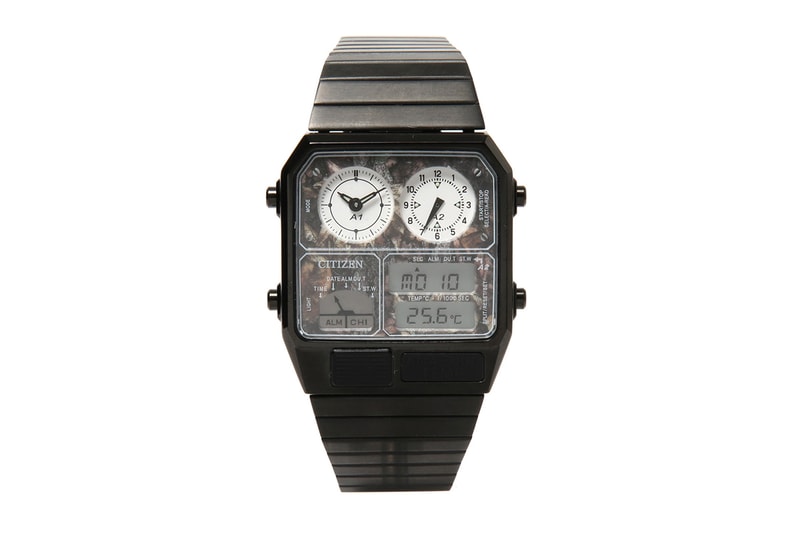 BEAMS Citizen ANA DIGI TEMP Watch dual time thermostat time zone analog digital woodgrain camouflage 1982 technology measure heat black gold 