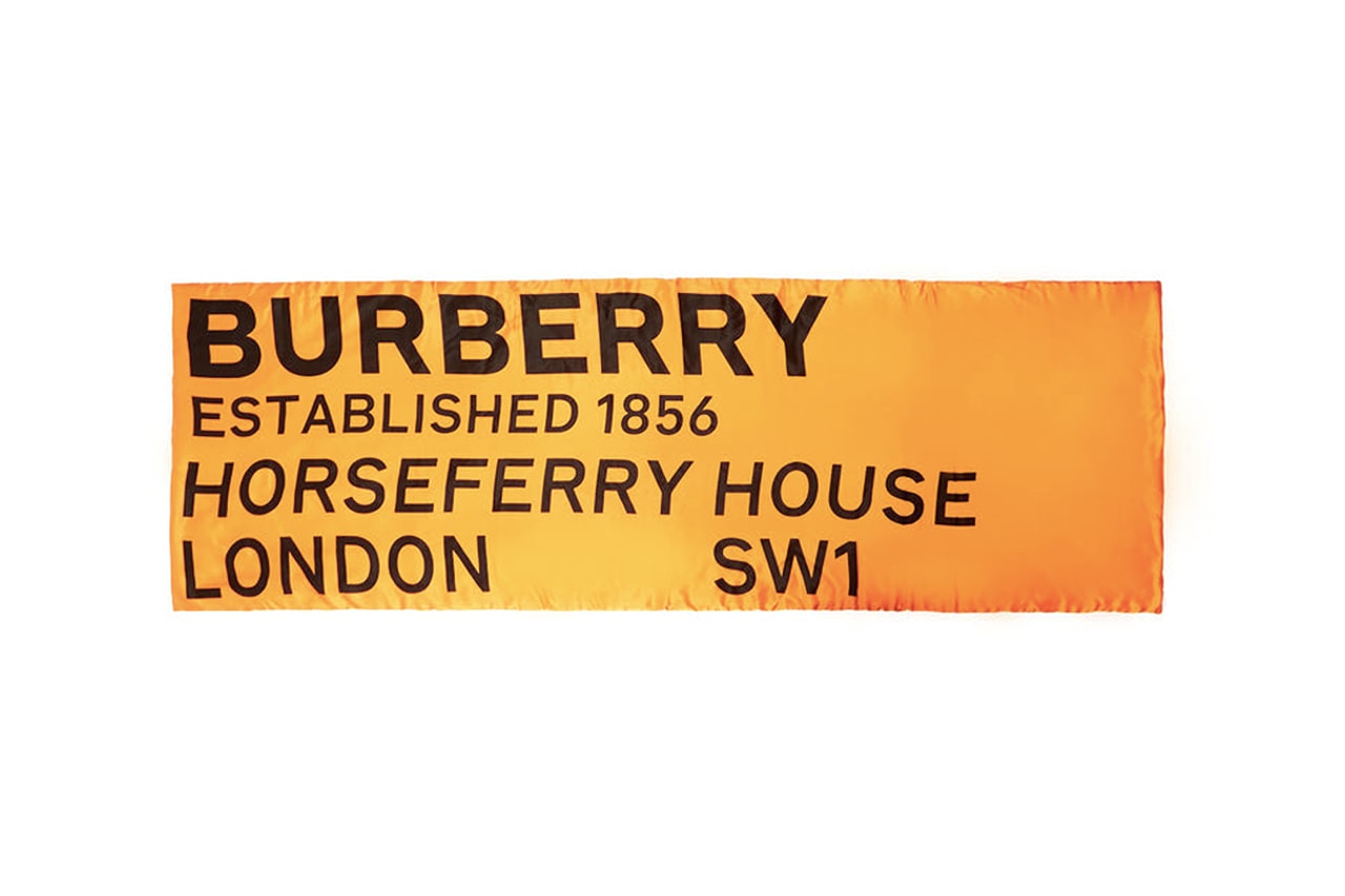 Burberry Logo Print Silk Puffer Scarf Orange Riccardo Tisci satin established 1856 london SW1 HORSEFERRY HOUSE hidden seams sheen shiny sans serif font