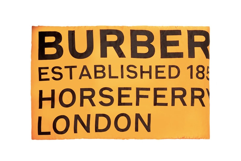Burberry Logo Print Silk Puffer Scarf Orange Riccardo Tisci satin established 1856 london SW1 HORSEFERRY HOUSE hidden seams sheen shiny sans serif font