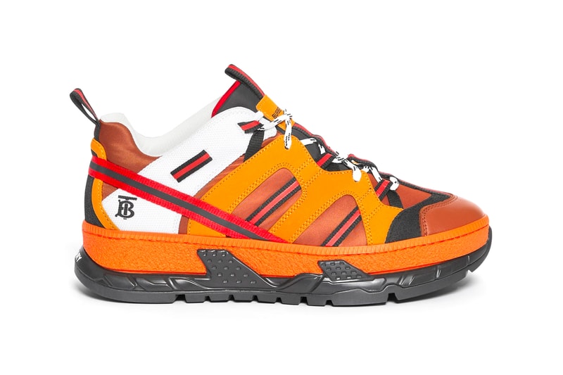 Burberry Union Sneakers Orange runway Nylon Nubuck burnished leather patina made in italy riccardo tisci British shoes footwear orange TB monogram traction progressive hi tech