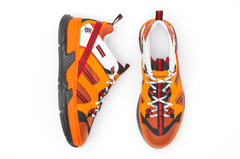 Burberry Union Sneakers Orange runway Nylon Nubuck burnished leather patina made in italy riccardo tisci British shoes footwear orange TB monogram traction progressive hi tech