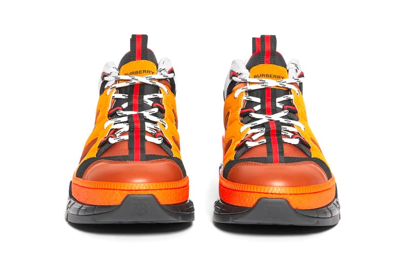 Burberry Union Sneakers Orange runway Nylon Nubuck burnished leather patina made in italy riccardo tisci British shoes footwear orange TB monogram traction progressive hi tech