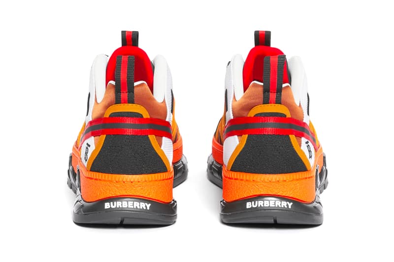 Burberry Union Sneakers Orange runway Nylon Nubuck burnished leather patina made in italy riccardo tisci British shoes footwear orange TB monogram traction progressive hi tech