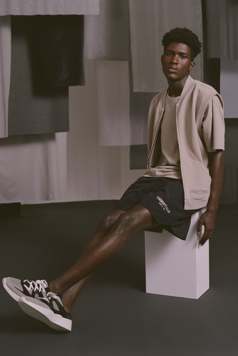 Fear of God Essentials Fall 2019 Lookbook Jackets Pants Tees Fanny Packs Shorts Sweatpants Sweatshirts Yellow Black Pink Gray White Brown Accessories vintage backless runner retail july september