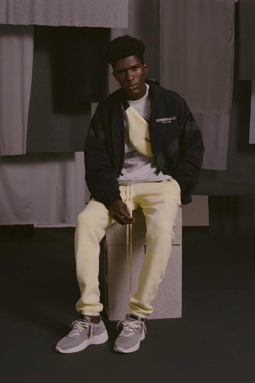 Fear of God Essentials Fall 2019 Lookbook Jackets Pants Tees Fanny Packs Shorts Sweatpants Sweatshirts Yellow Black Pink Gray White Brown Accessories vintage backless runner retail july september