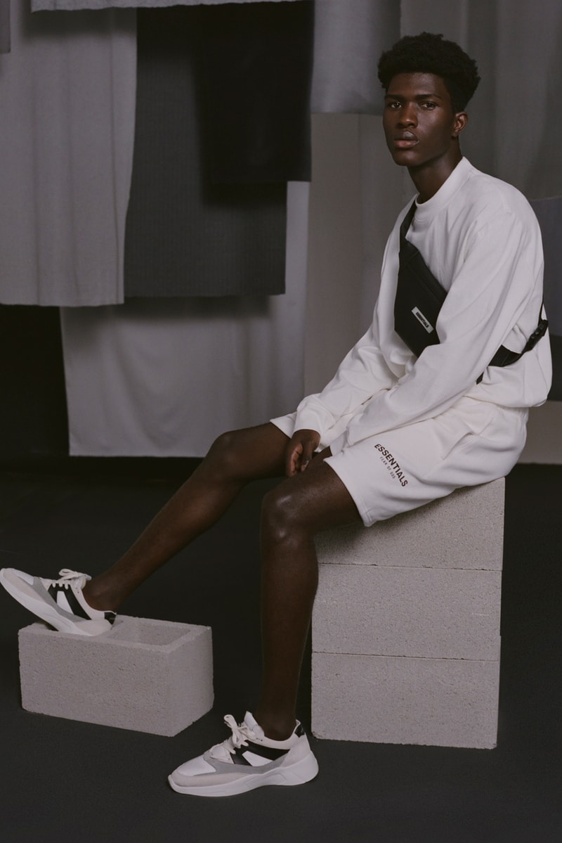 Fear of God Essentials Fall 2019 Lookbook Jackets Pants Tees Fanny Packs Shorts Sweatpants Sweatshirts Yellow Black Pink Gray White Brown Accessories vintage backless runner retail july september