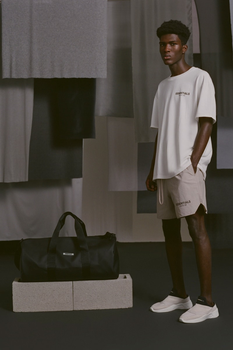 Fear of God Essentials Fall 2019 Lookbook Jackets Pants Tees Fanny Packs Shorts Sweatpants Sweatshirts Yellow Black Pink Gray White Brown Accessories vintage backless runner retail july september