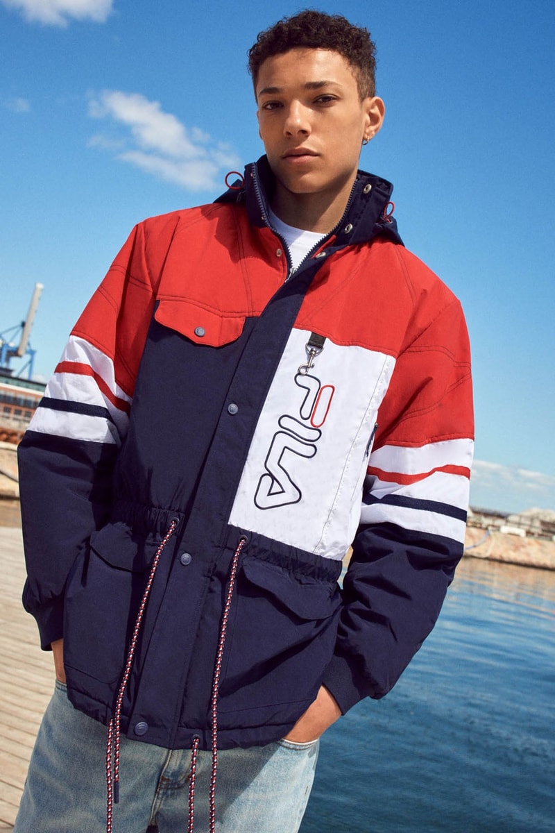 FILA Debuts Exclusive FW19 Heritage Collection  red blue track suits pants jaket drawstring stripe sandal puffer orange trek shoes jeans green red bucket hat jersey track pants italy stripe black bag caryall