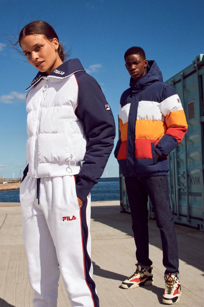 FILA Debuts Exclusive FW19 Heritage Collection  red blue track suits pants jaket drawstring stripe sandal puffer orange trek shoes jeans green red bucket hat jersey track pants italy stripe black bag caryall