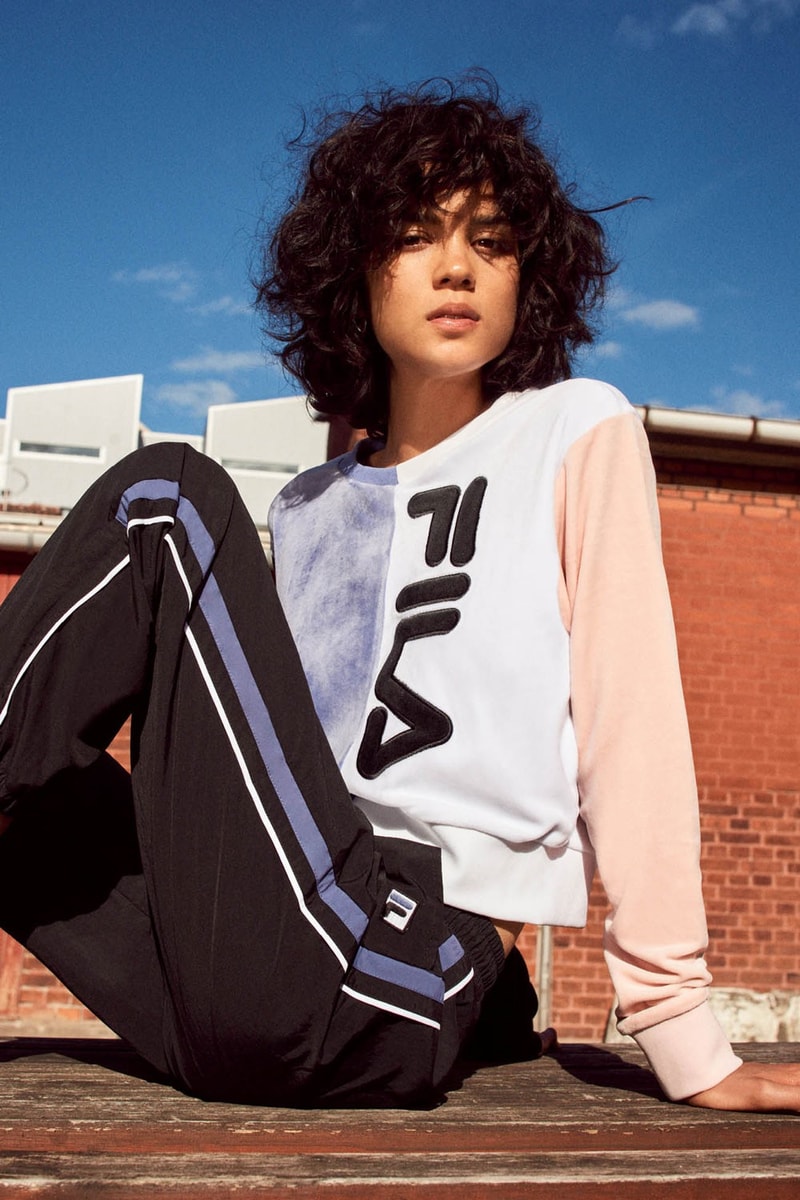 FILA Debuts Exclusive FW19 Heritage Collection  red blue track suits pants jaket drawstring stripe sandal puffer orange trek shoes jeans green red bucket hat jersey track pants italy stripe black bag caryall