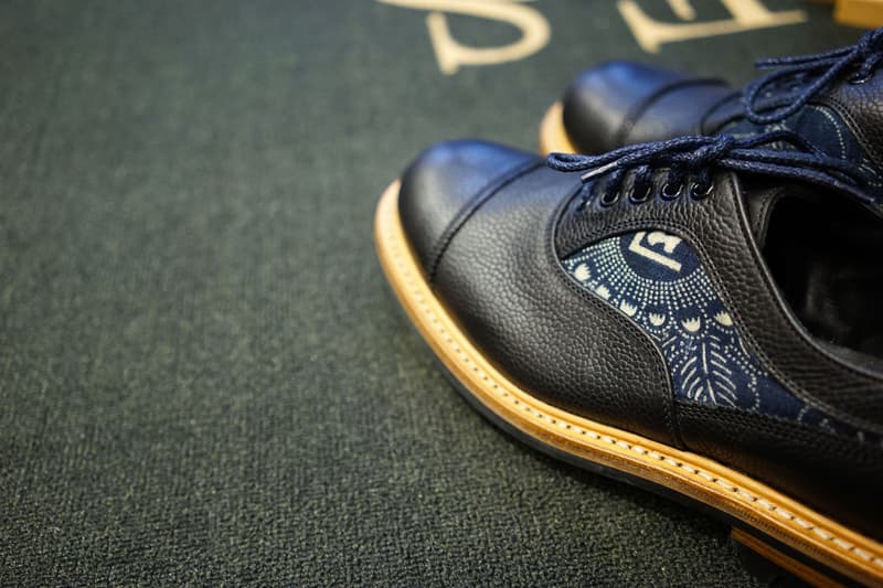 Simple Union x Flying Hawk Studio x Tricker's Oxford custom shoes indigo artwork Japanese traditional navy leather england