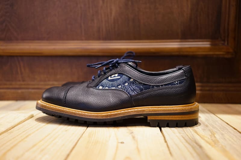 Simple Union x Flying Hawk Studio x Tricker's Oxford custom shoes indigo artwork Japanese traditional navy leather england