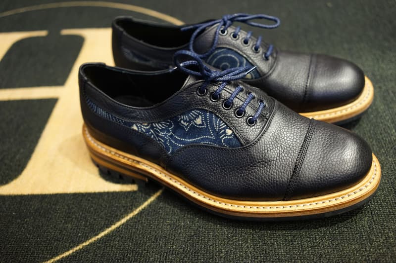 Simple Union x Flying Hawk Studio x Tricker's Oxford custom shoes indigo artwork Japanese traditional navy leather england