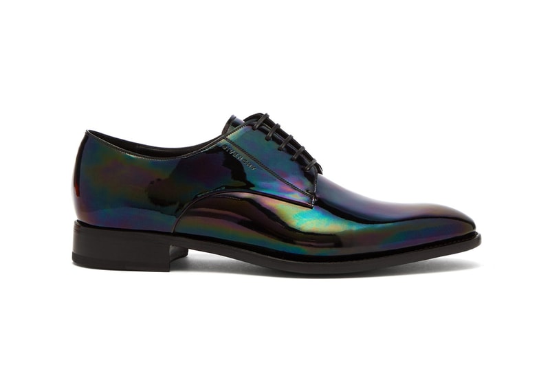 Givenchy Iridescent Leather Derby Shoes Hues Throatline Vamp Quarter eyelets debossed heel tonal glossy shiny vamp raised heel