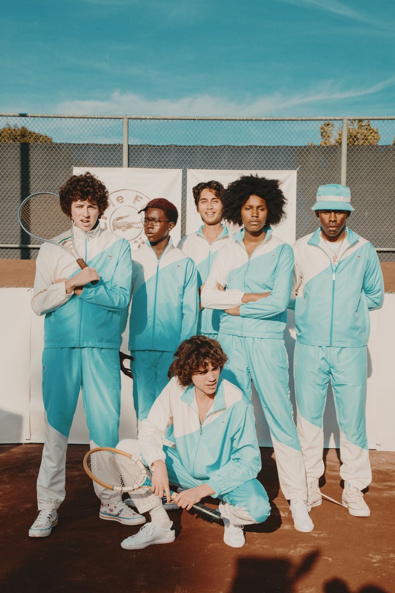 Lacoste and GOLF le FLEUR* SS19 Capsule Collaboration collection spring summer 2019 lookbook wang tyler the creator tracksuit polo shirt shorts tee hat cardigan GOLF le COSTE*