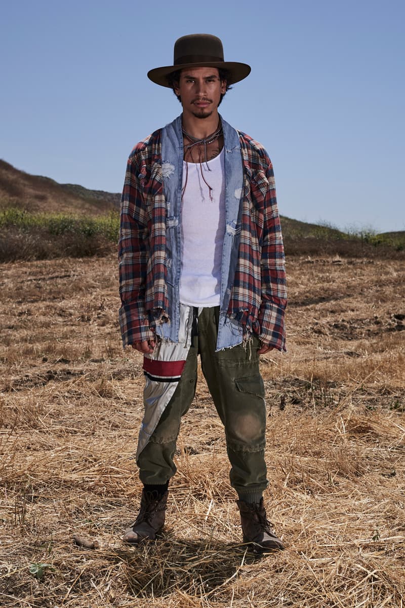 greg lauren spring summer 2020 collection lookbook release overalls accessories Ponchos Brimmed Hats Pants Shirts Jackets Green Tan Orange Black Silver Red Brown White ss20