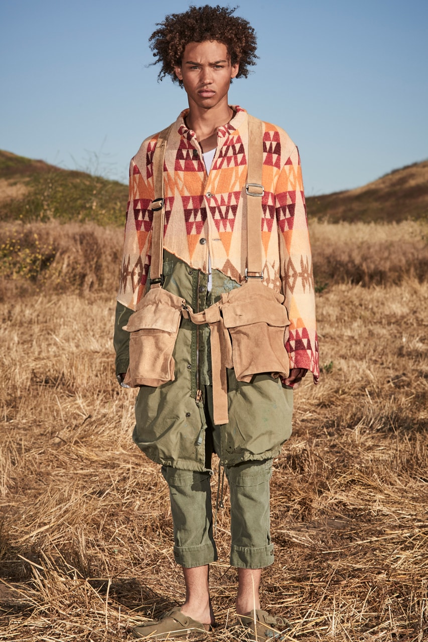 greg lauren spring summer 2020 collection lookbook release overalls accessories Ponchos Brimmed Hats Pants Shirts Jackets Green Tan Orange Black Silver Red Brown White ss20
