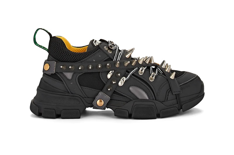 Gucci Flashtrek Spiked Canvas Sneakers Black leather mesh yellow green monogram gold trim straps chunky footwear midsole heel tab raised punk