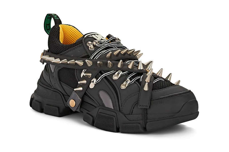 Gucci Flashtrek Spiked Canvas Sneakers Black leather mesh yellow green monogram gold trim straps chunky footwear midsole heel tab raised punk