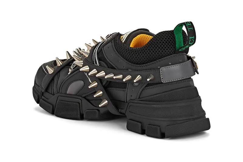 Gucci Flashtrek Spiked Canvas Sneakers Black leather mesh yellow green monogram gold trim straps chunky footwear midsole heel tab raised punk