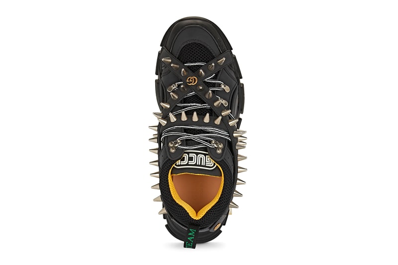 Gucci Flashtrek Spiked Canvas Sneakers Black leather mesh yellow green monogram gold trim straps chunky footwear midsole heel tab raised punk