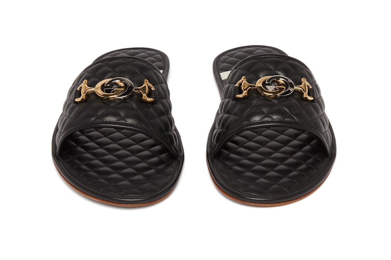 Gucci GG-plaque quilted leather slippers black gold horsebit Italy Alessandro Michele Menswear Summer Slides High End Designer Silver Gold Tones Emblem Tan Rubber Sole