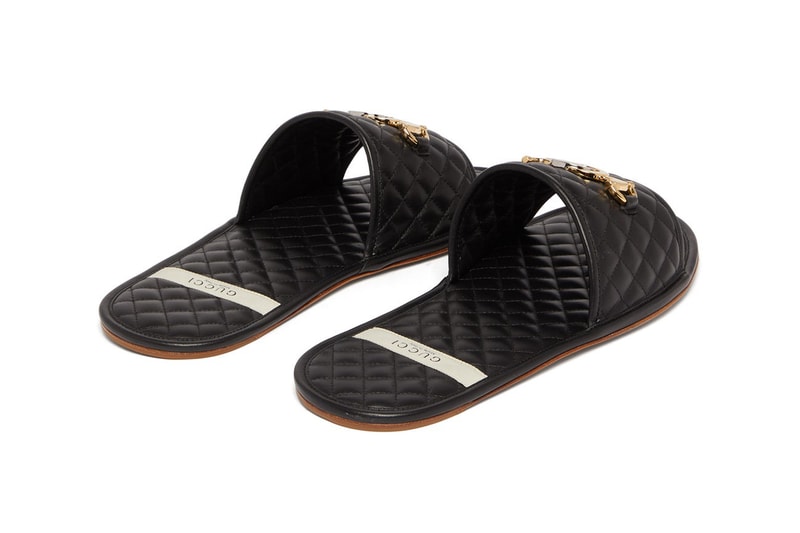 Gucci GG-plaque quilted leather slippers black gold horsebit Italy Alessandro Michele Menswear Summer Slides High End Designer Silver Gold Tones Emblem Tan Rubber Sole